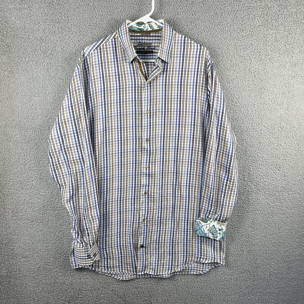 Luchiano Visconti Black Mens Shirt Long Sleeve Button Down Floral Flip Cuff sz L